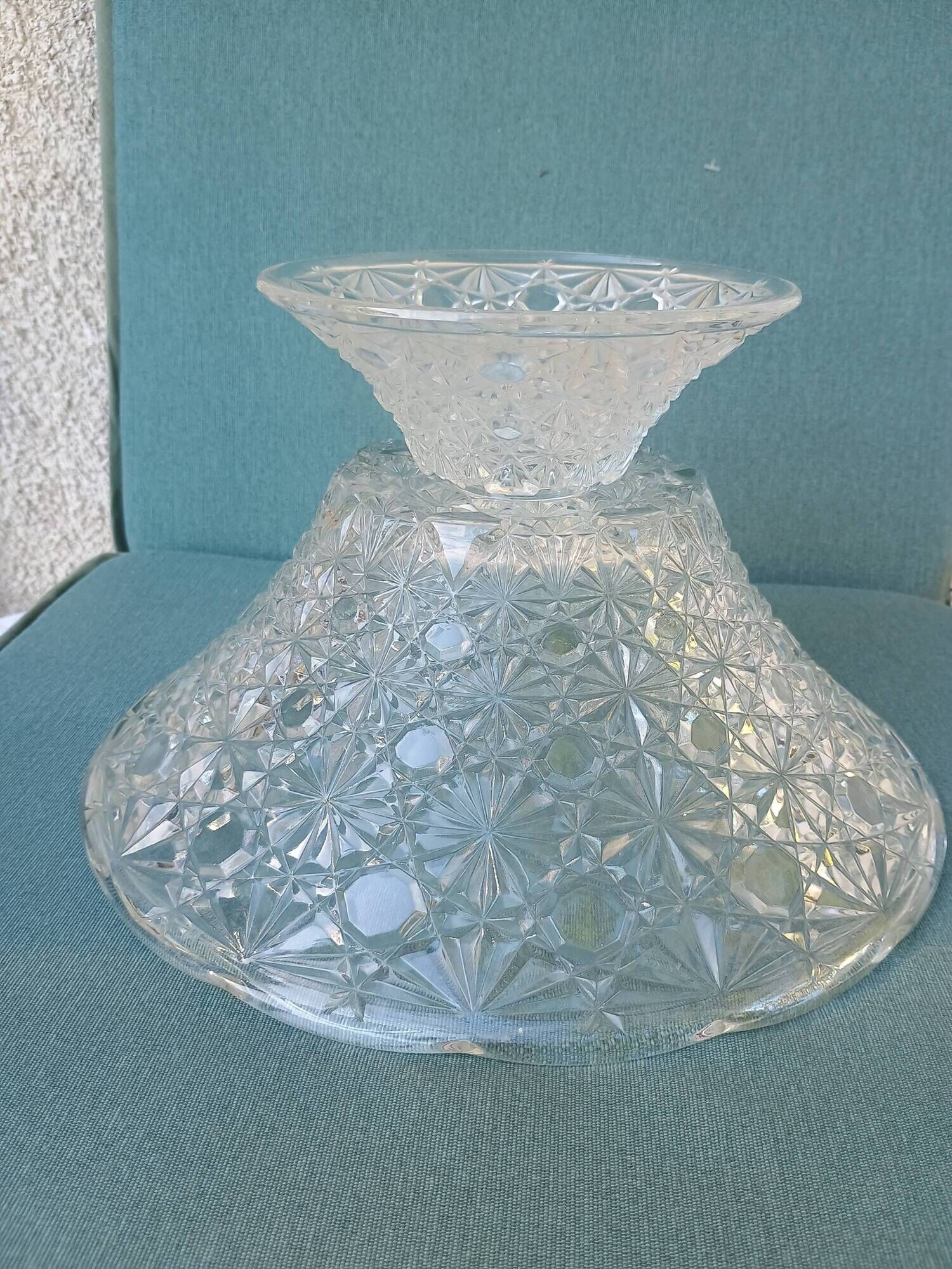 Flared fruit bowl with a pedestal, all made of pressed moulded glass, mid-20th century.
