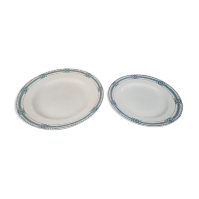 Lot de 2 plats ronds gigognes en Terre de Fer Sarreguemines modèle Carina décor frise bleue