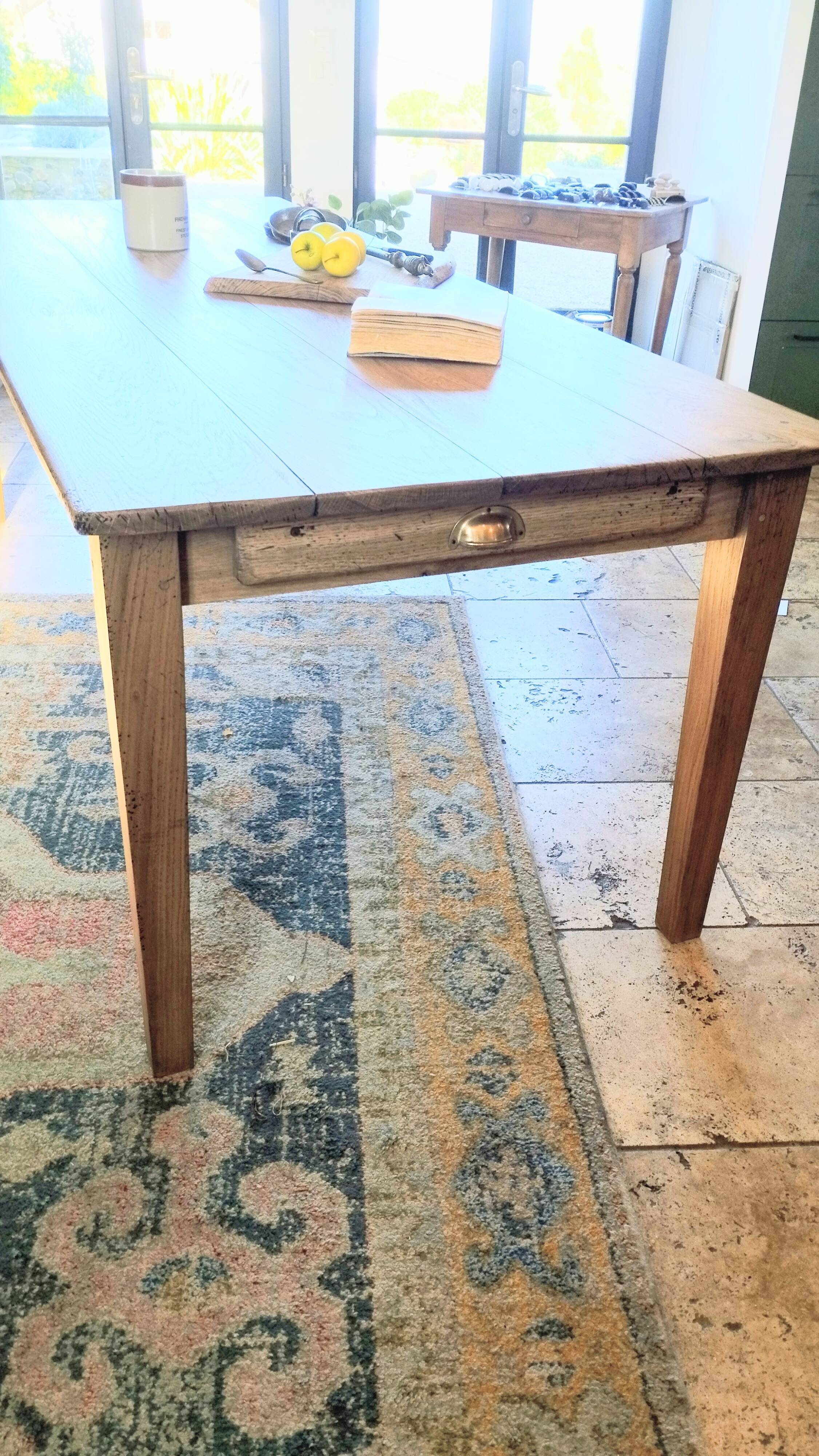 Solid oak farmhouse table with central drawer and extension