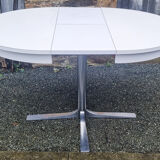 Round table in white formica, retractable, vintage, Collomb creation, 70s