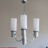 Chandelier in aluminum and chrome metal tulip white striated glass 1970 seventies