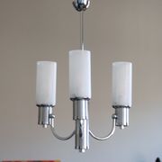 Chandelier in aluminum and chrome metal tulip white striated glass 1970 seventies