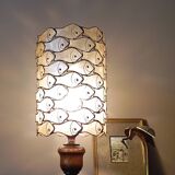 Table lamp with wooden base and mother-of-pearl fish and brass lampshade