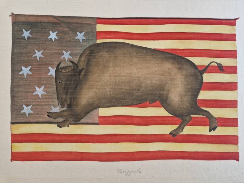 La Roche Laffitte (Born in 1943) - Watercolour drawing on silk - Buffalo