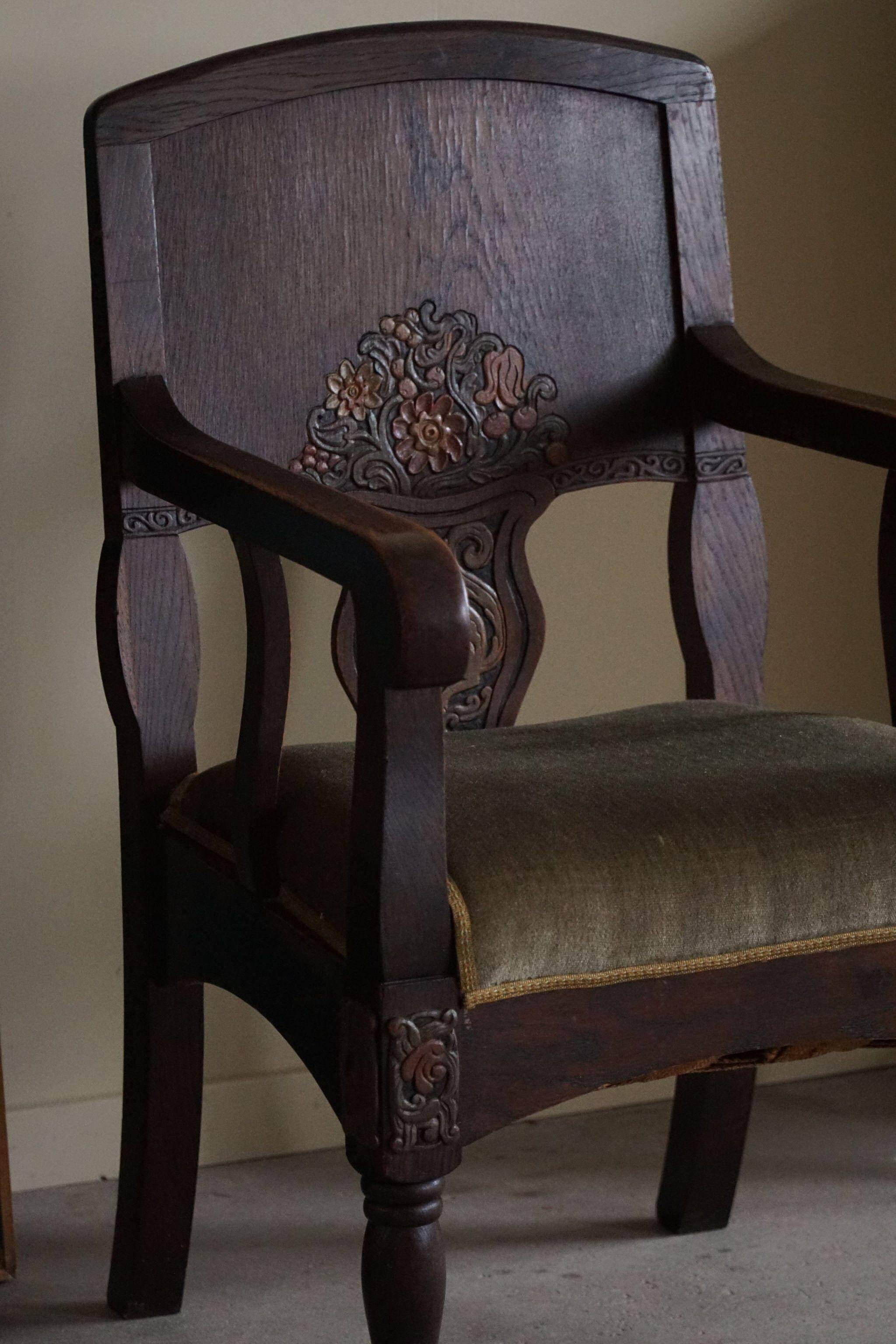 Hand-carved oak and velvet armchair, Danish furniture maker, Art Nouveau, 1939