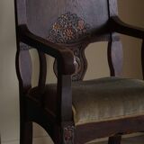 Hand-carved oak and velvet armchair, Danish furniture maker, Art Nouveau, 1939