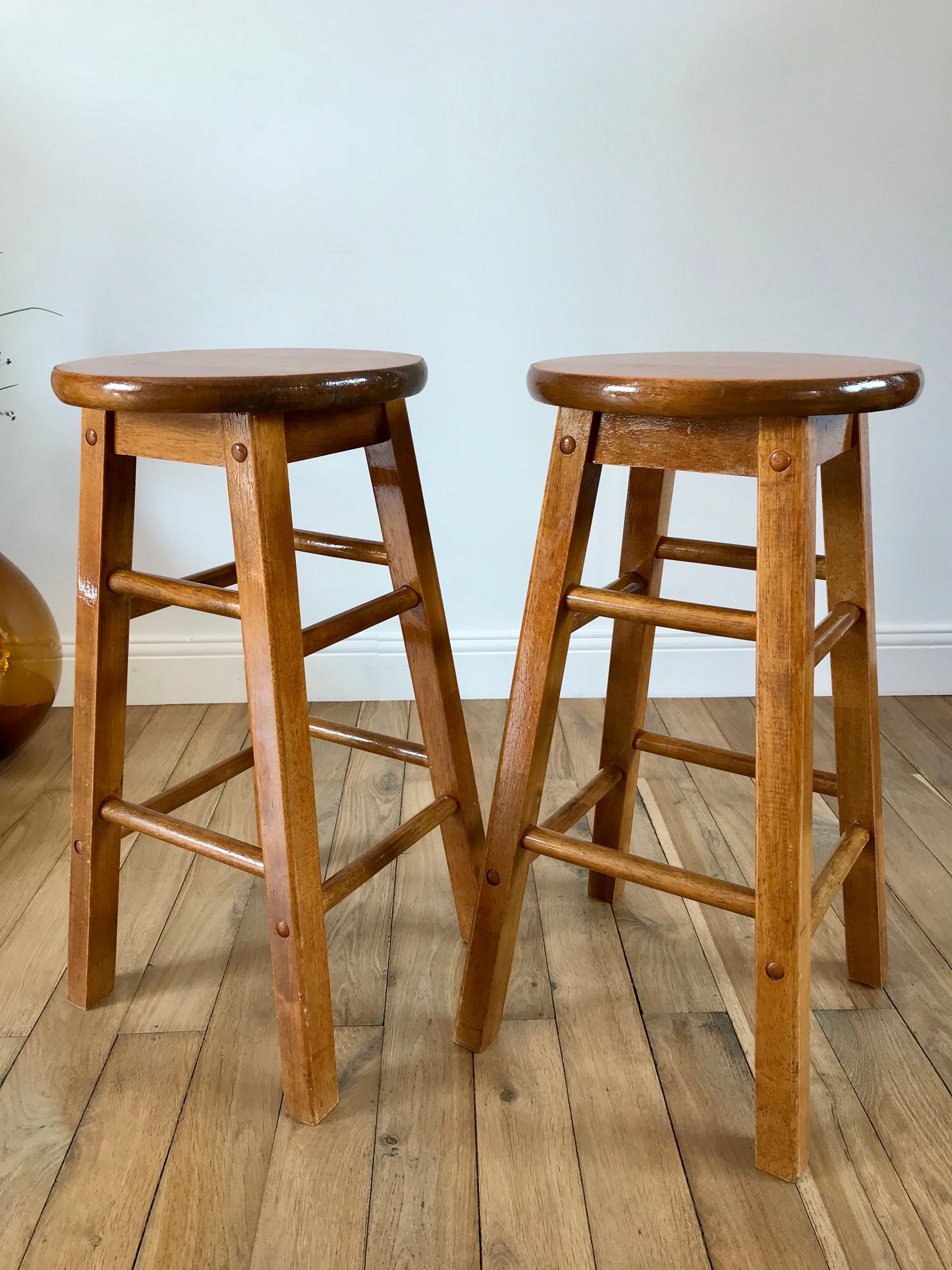 Pair of high stools / bar varnished wood 60-70s