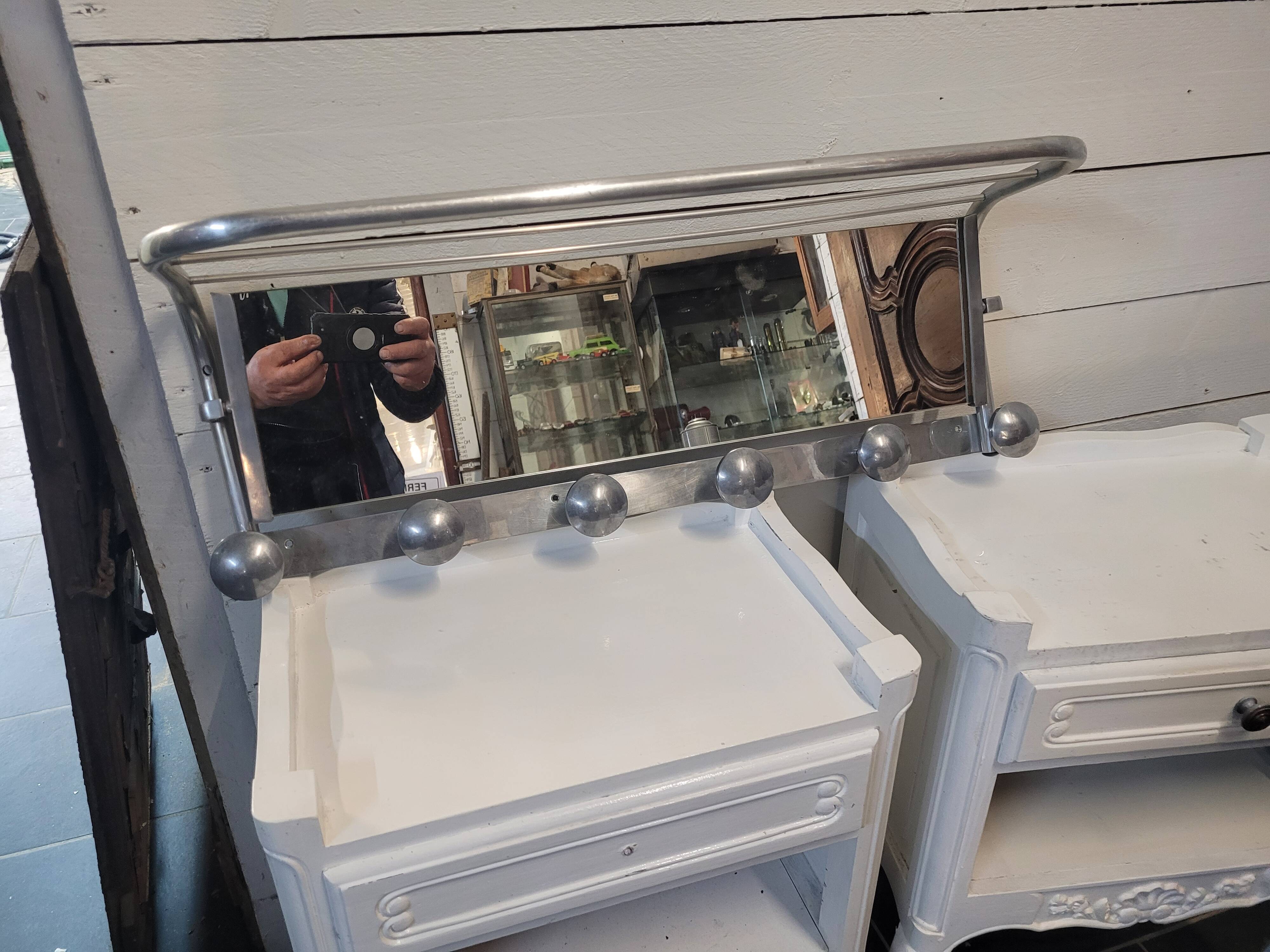 Aluminum wall coat rack with pivoting mirror from the 60s