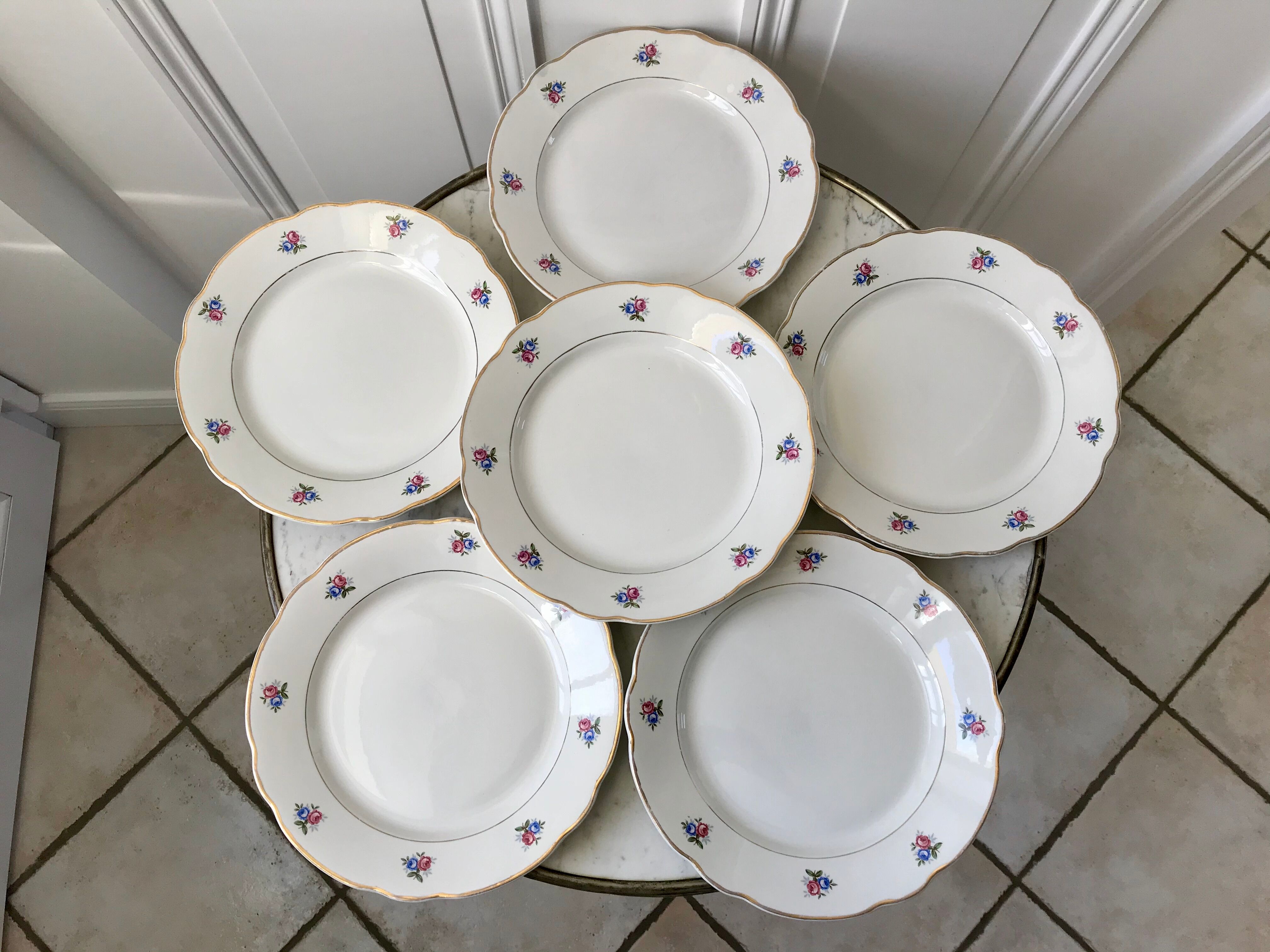 set of 6 flat plates Digoin Sarreguemines small flowers 50s