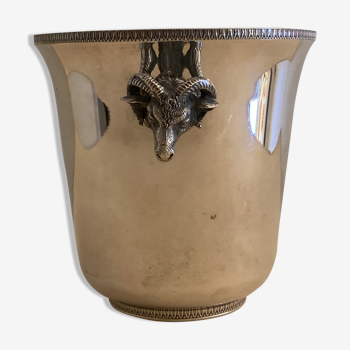 Antique ice bucket in punched silver metal, ram heads sockets