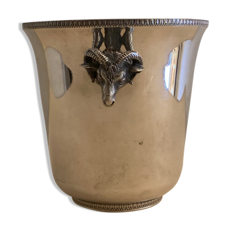 Antique ice bucket in punched silver metal, ram heads sockets