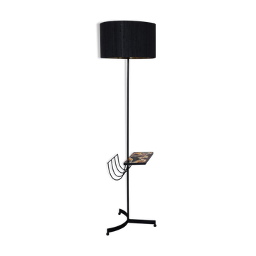 Black metal magazine rack floor lamp with ceramic shelf