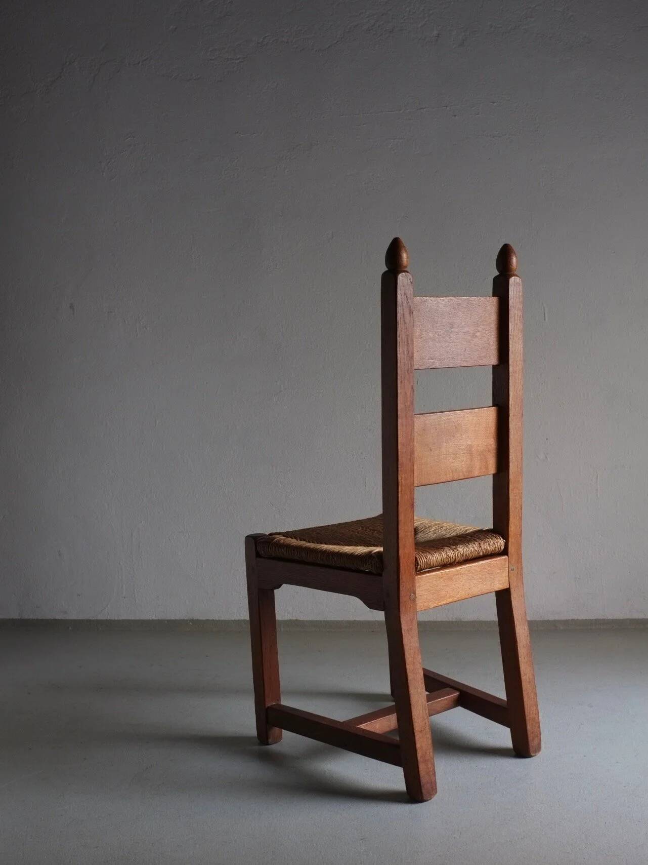 4 brutalist oak rush seat chairs | France | 1960s