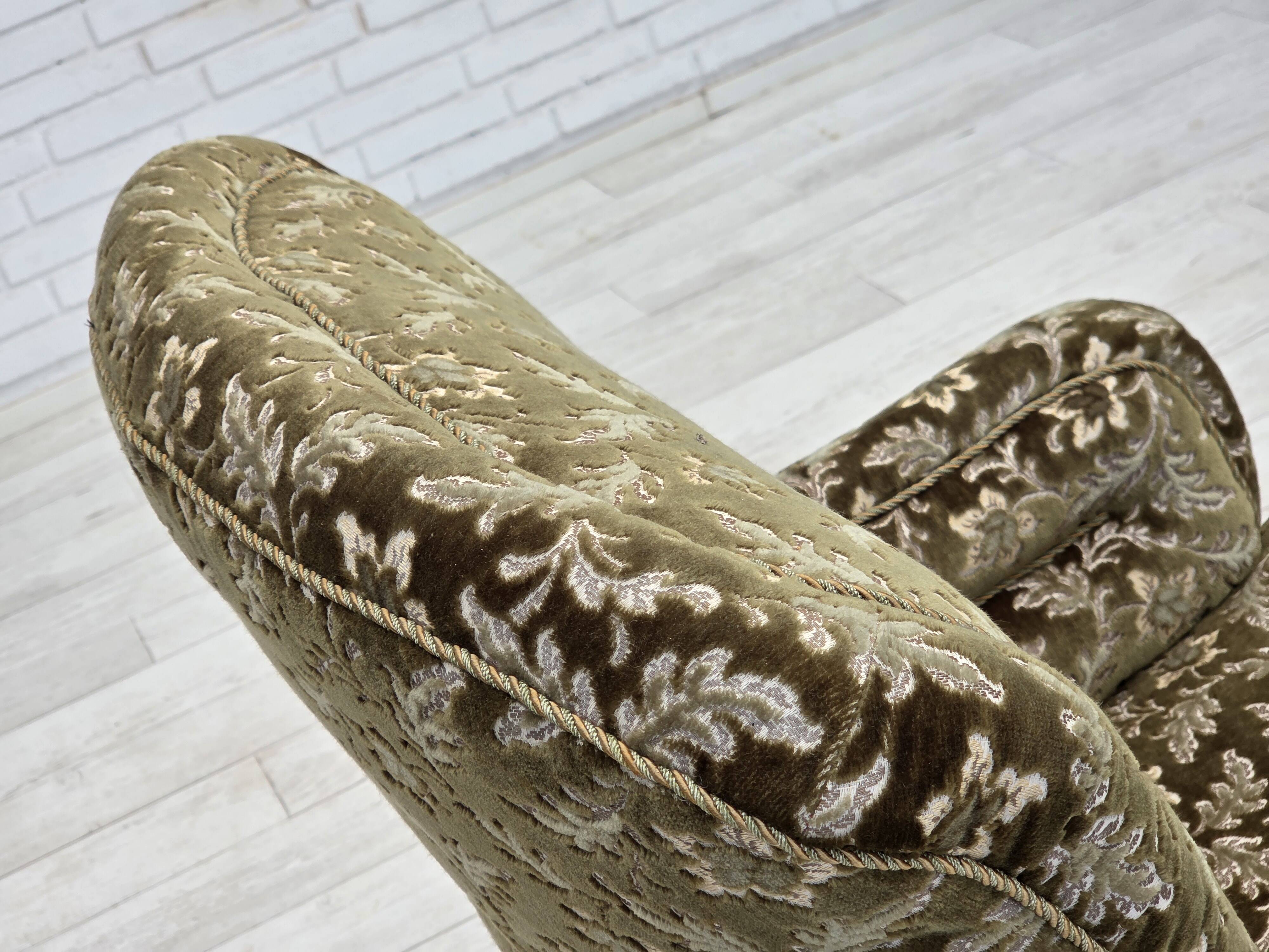 1950s, Danish armchair, green furniture velour, ash wood legs.