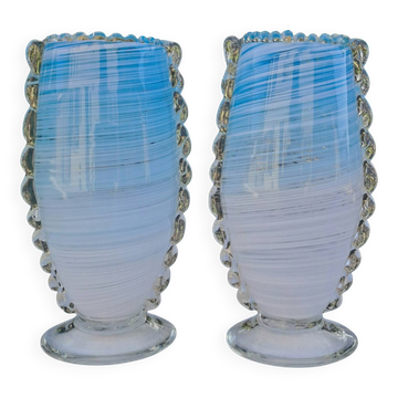 Pair of filigree vases in blown Murano glass