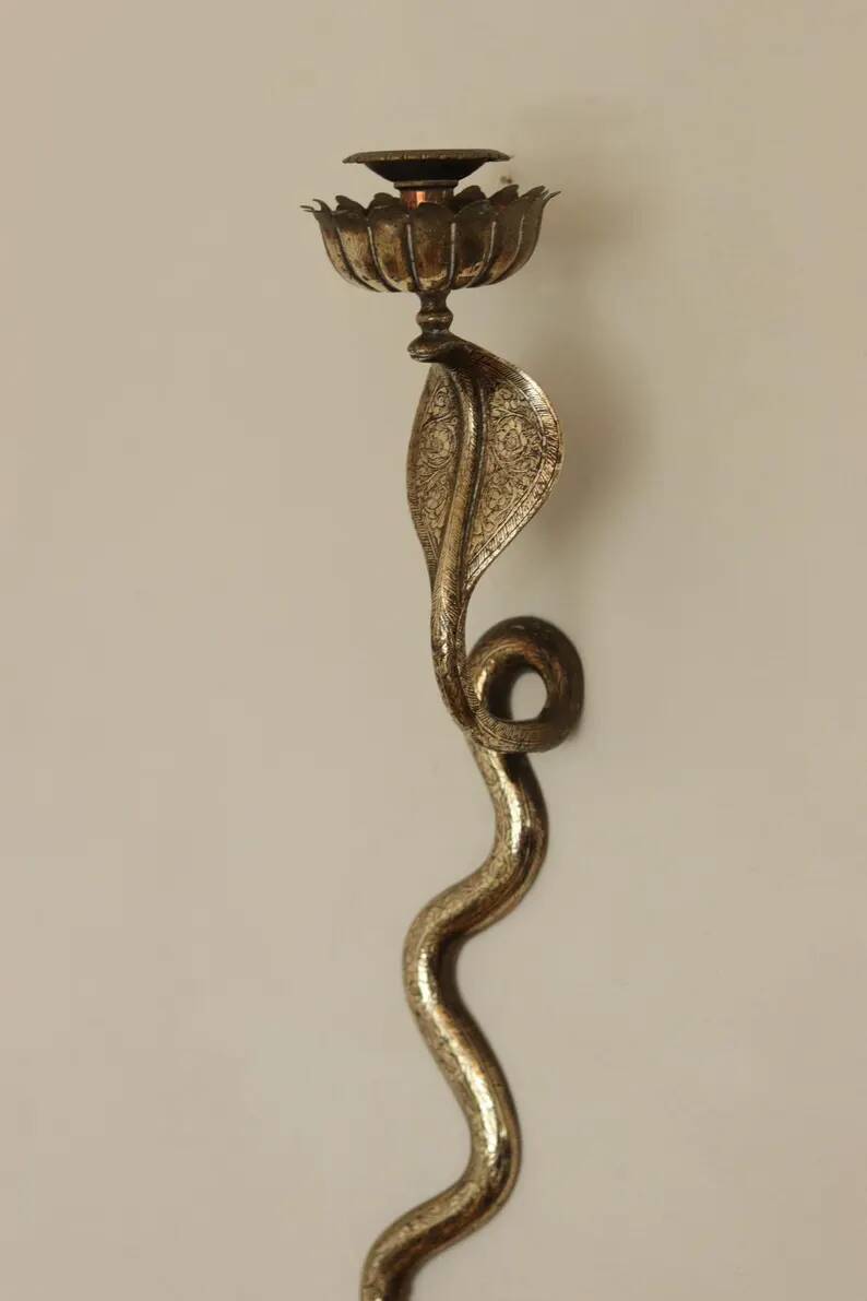 Pair of Neo-Egyptian Style Engraved Brass Wall Sconces Featuring Cobras