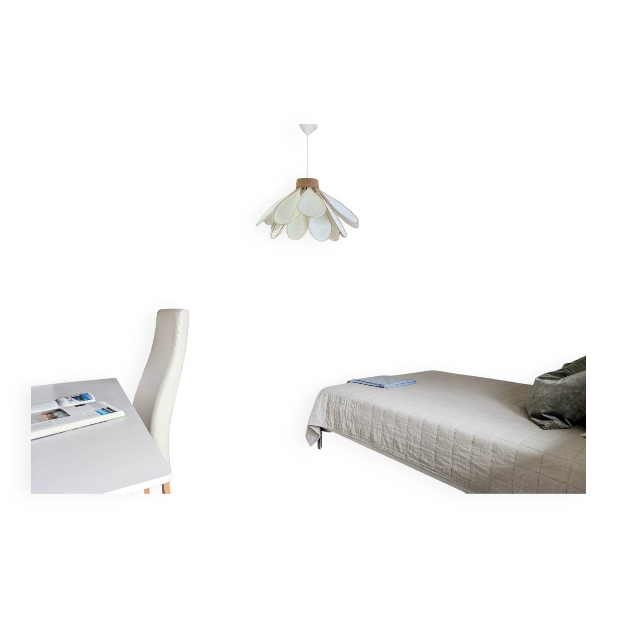 Flower suspension, Iris model, 16 petals in rattan and white linen