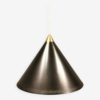 Cone pendant produced by Danish Lyfa in beautiful black lacquer with perforated shade and brass top.