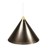 Cone pendant produced by Danish Lyfa in beautiful black lacquer with perforated shade and brass top.