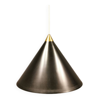 Cone pendant produced by Danish Lyfa in beautiful black lacquer with perforated shade and brass top.