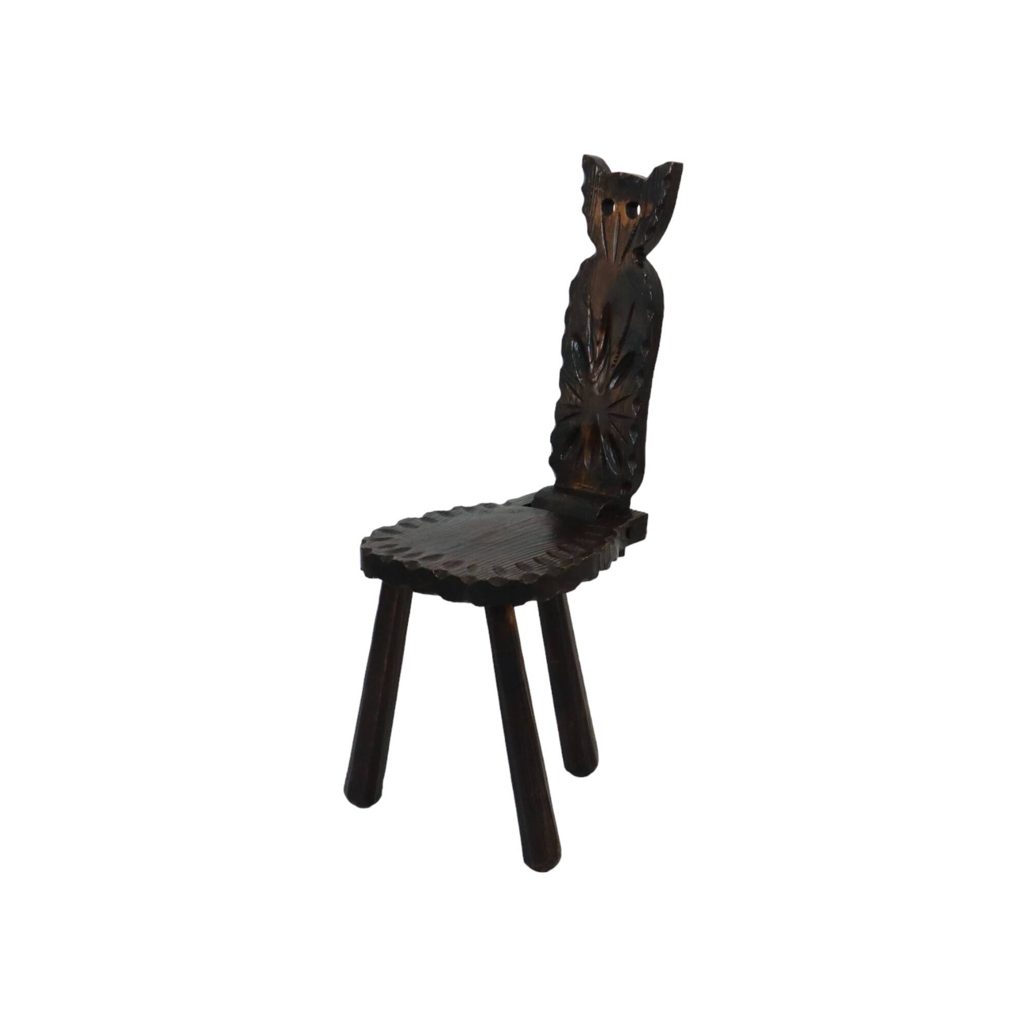 Authentic Spanish Brutalist Chair Tripod Cat Shape Solid Wood