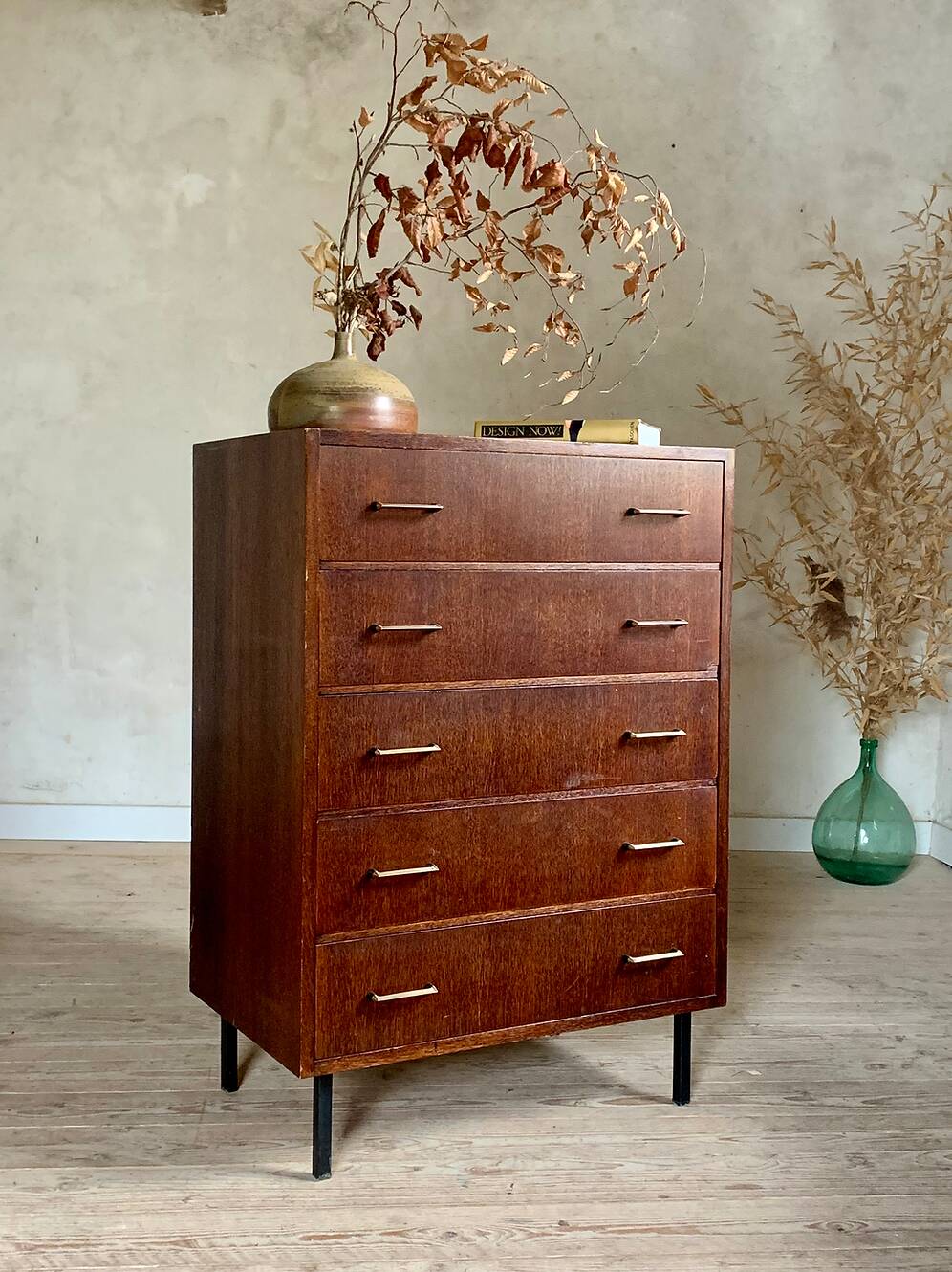 Commode chiffonnier moderniste vintage 5 tiroirs