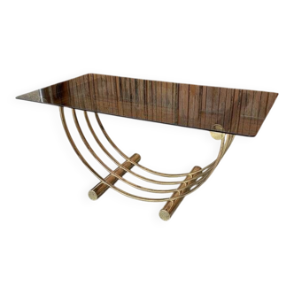 Dining table in brass and straw yellow glass, Regency style, 1970s.