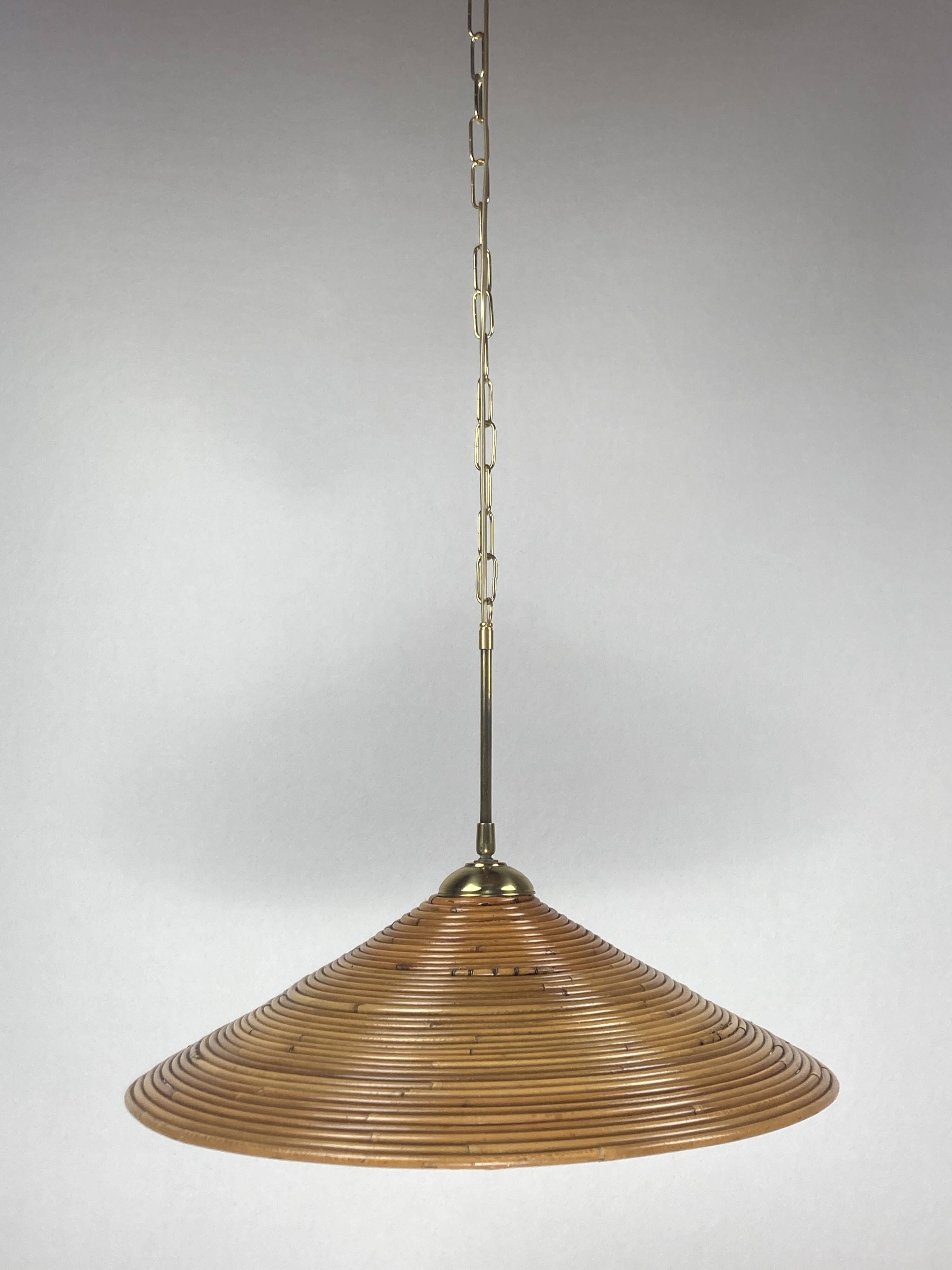 Pencil Split Reed, Rattan, Bamboo & Brass Pendant Lamp, 1970s