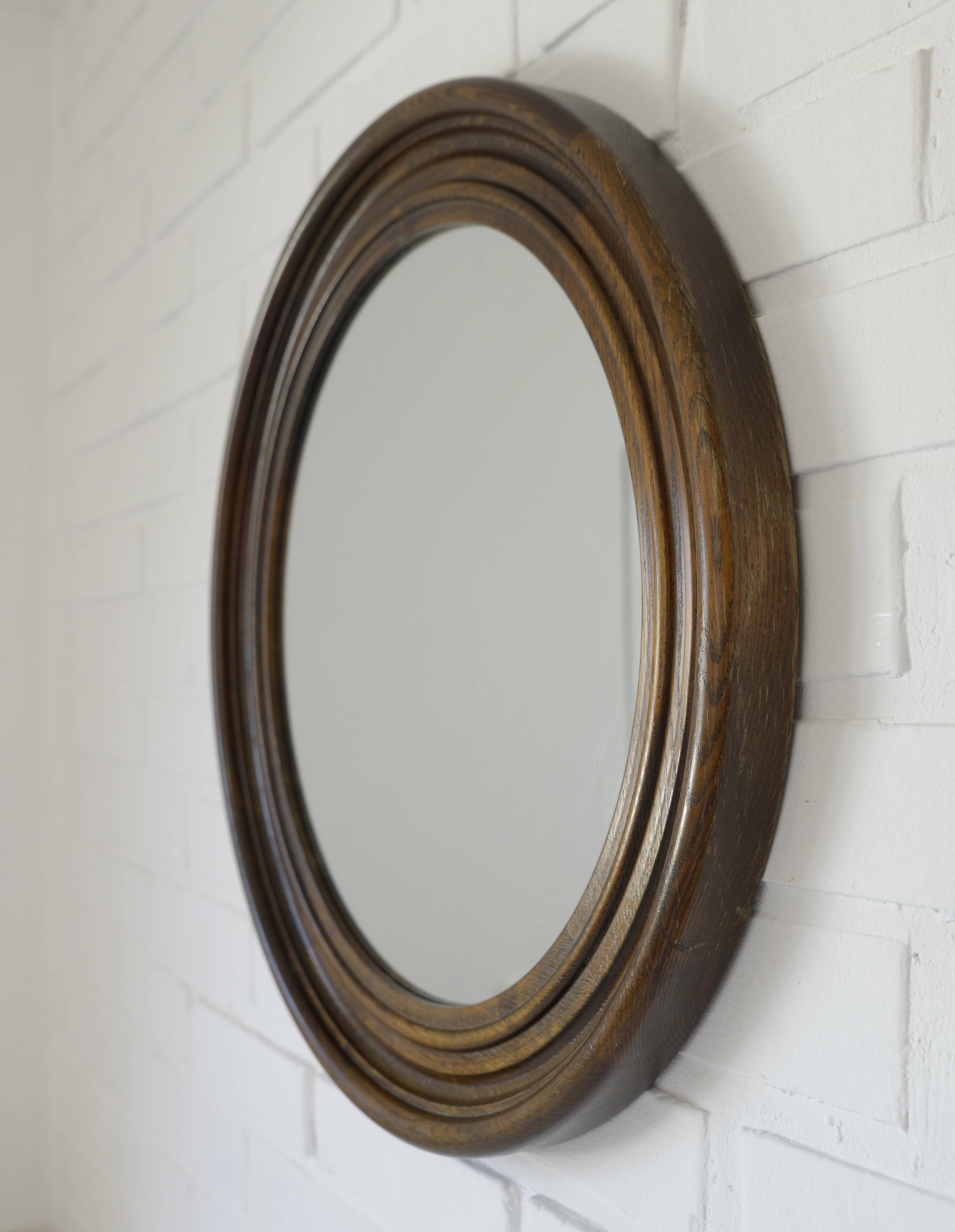 Grand miroir mural vintage en bois de chêne tourné, miroir de courtoisie rond rustique