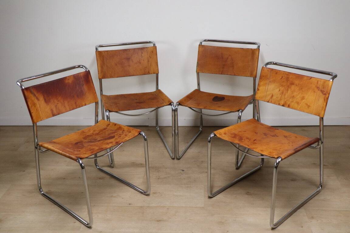Set of 4 vintage leather and chrome metal chairs, 1970