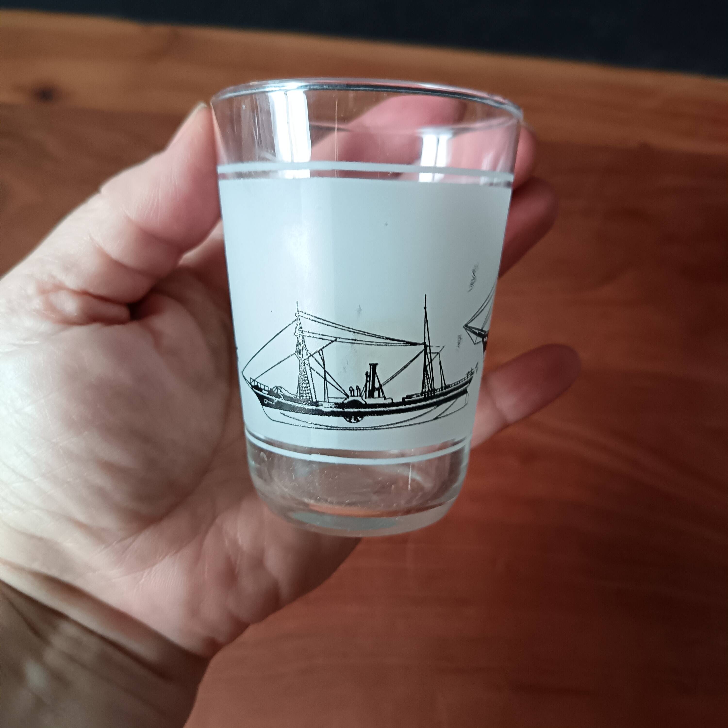 6 vintage water glasses, means of transport, France