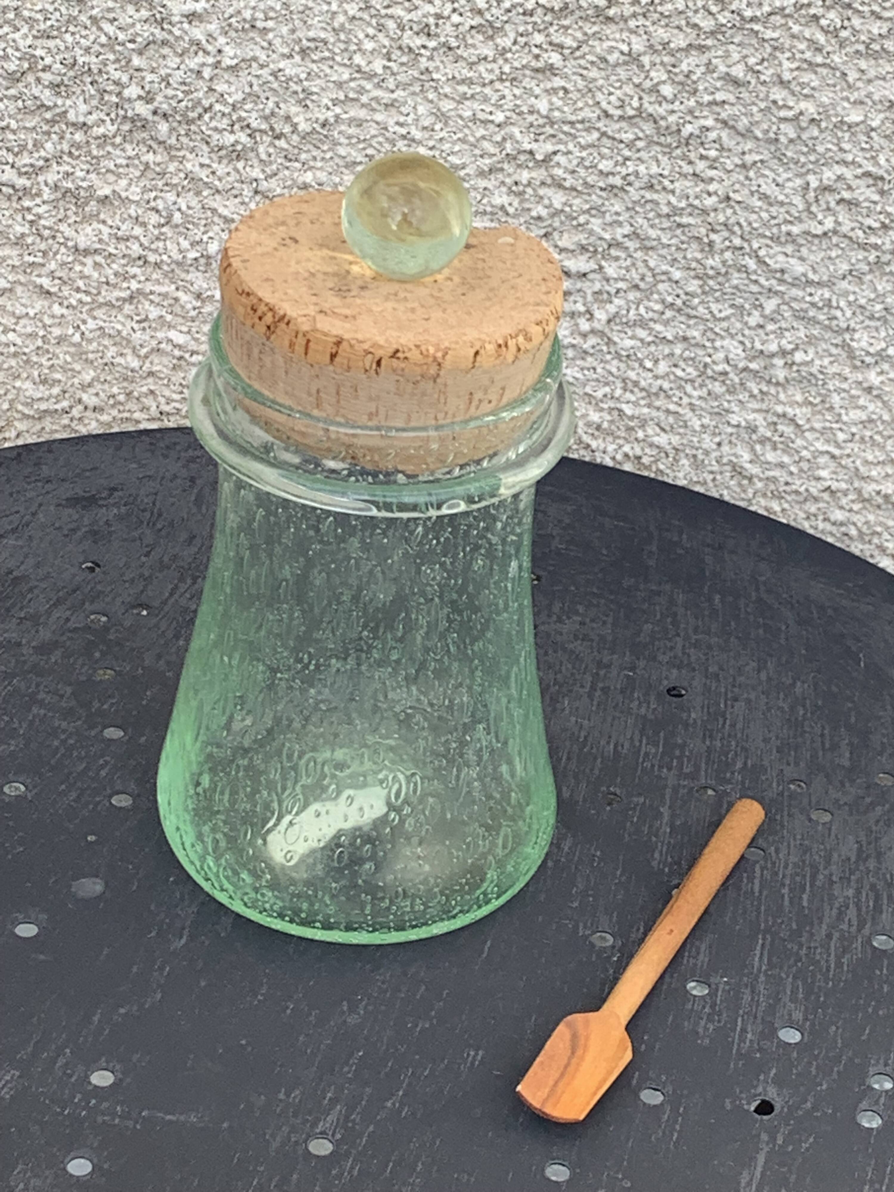 Olive or pickle jar in Biot bubble glass, hand-blown