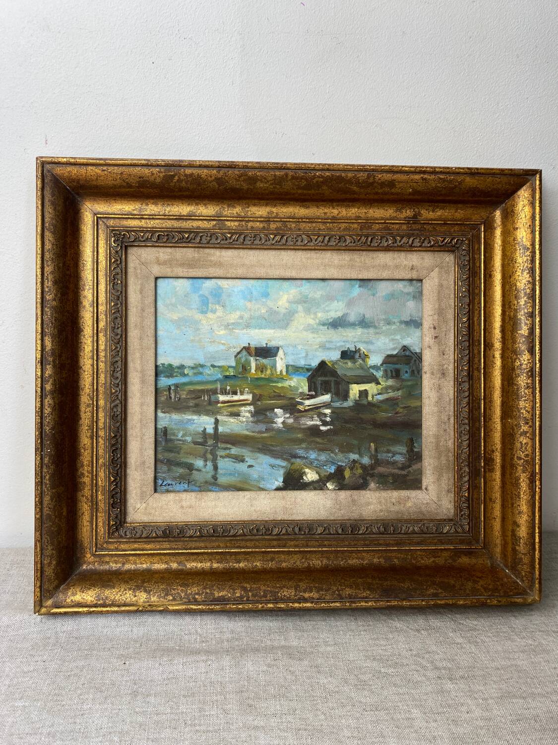 Oil on canvas, seaport scene
