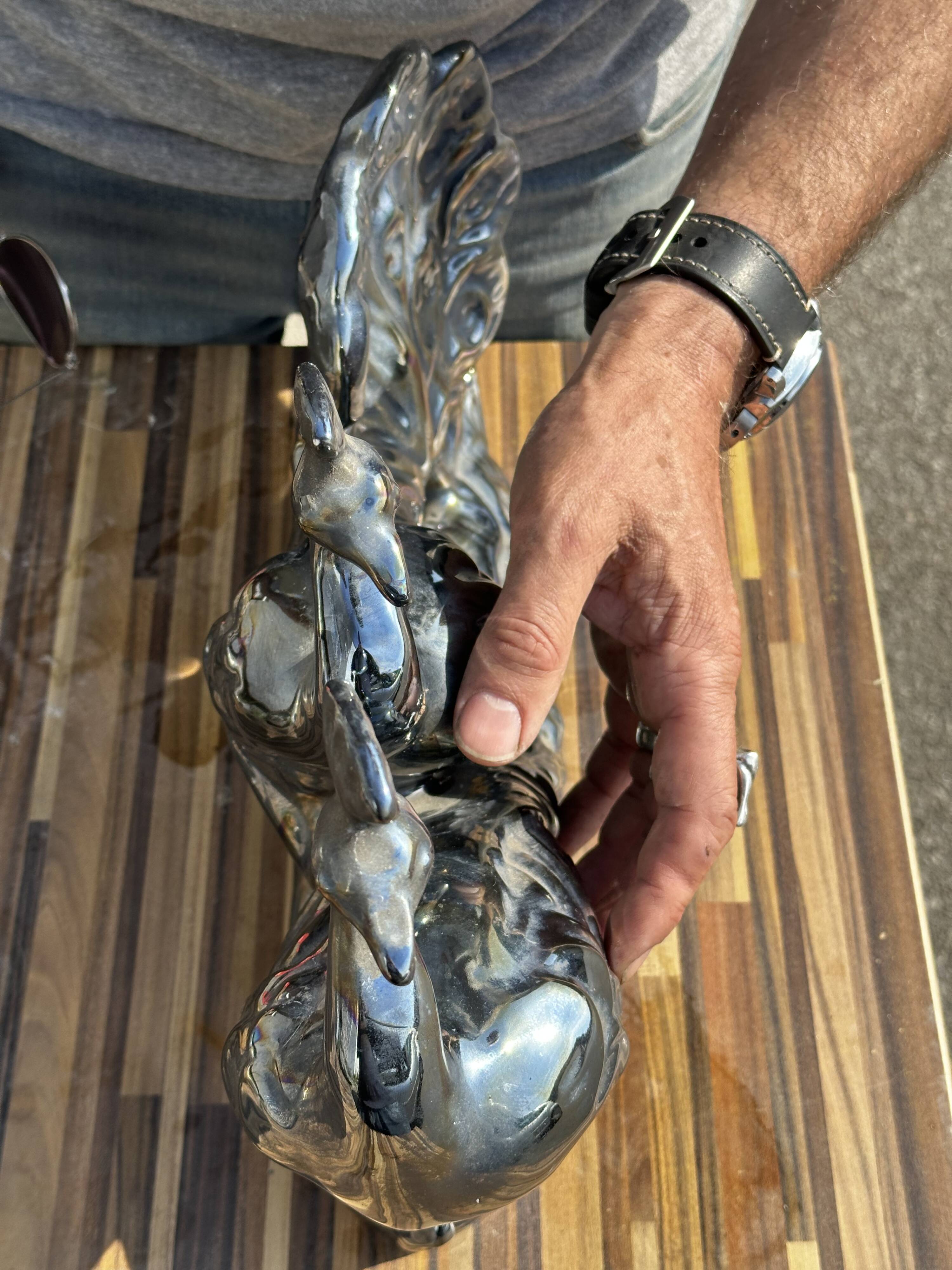 Centerpiece Pair of Peacocks Ceramic Vallauris Iridescent Anthracite Grey