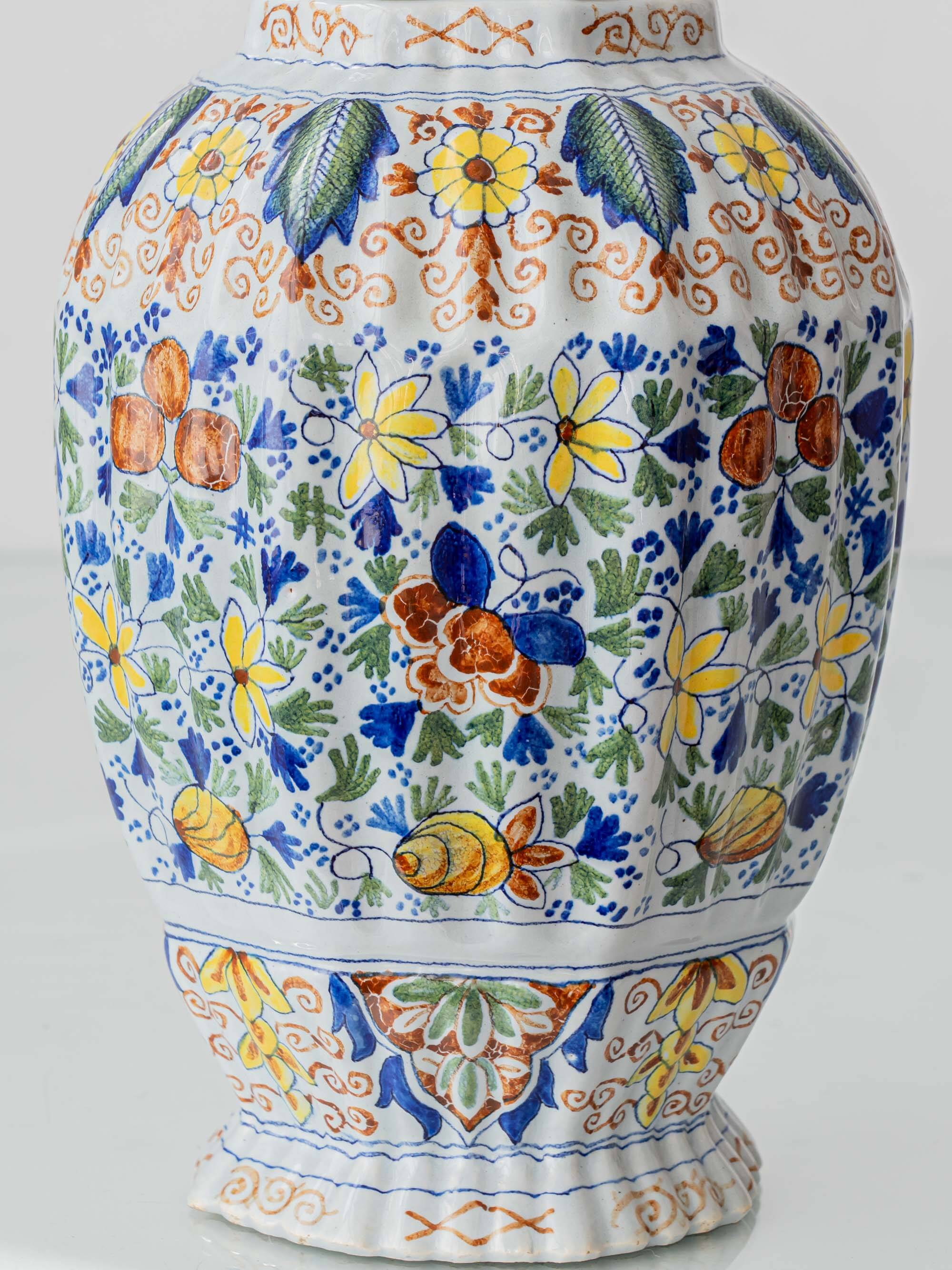 Polychrome Dutch Delft Table Lamp, Tichelaar Makkum, with New Loose Pleat Silk Shade