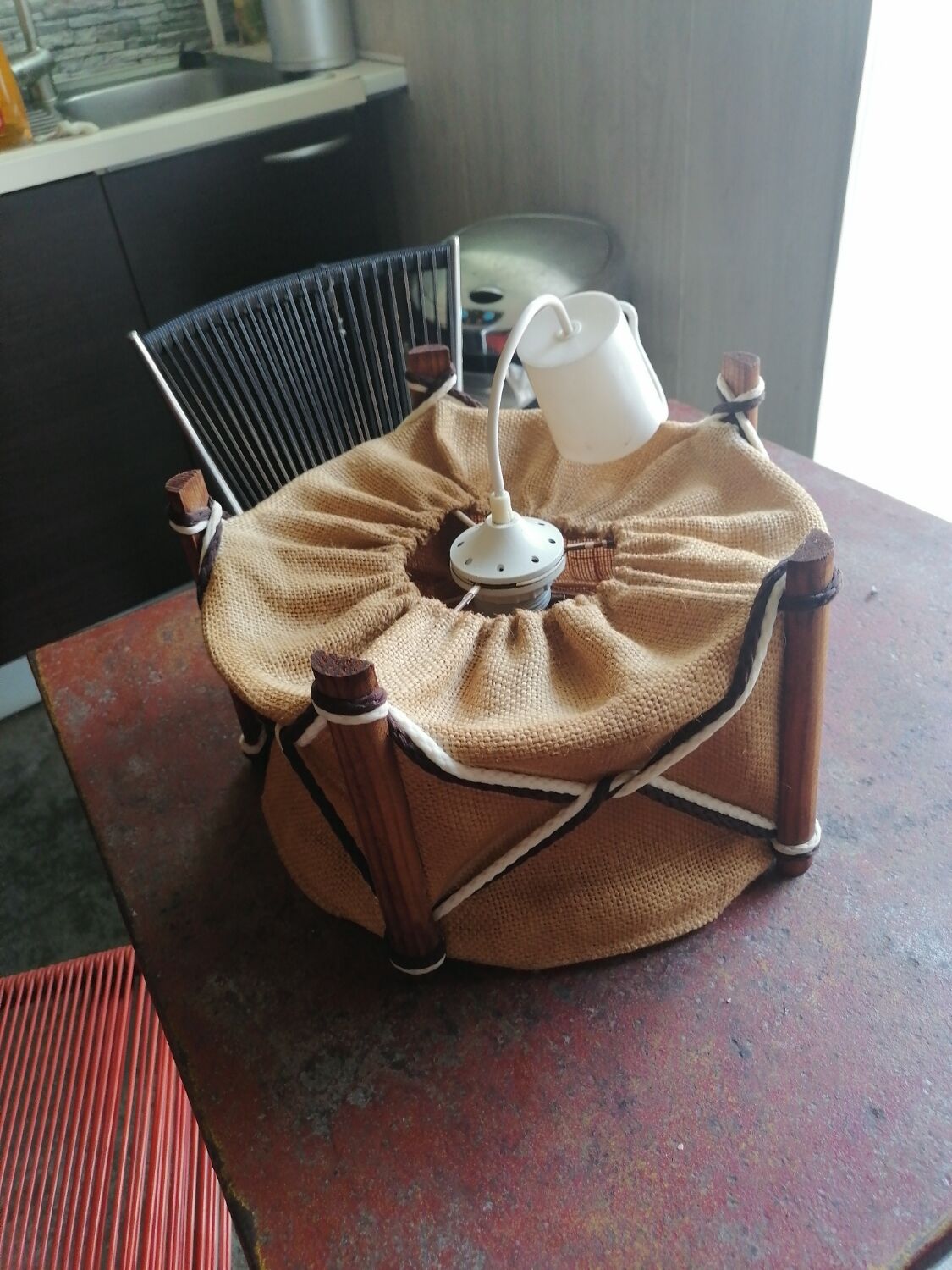 Small chandelier 1960 1970 canvas jute wood Scandinavian style