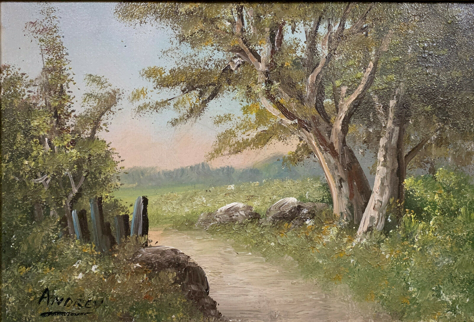 Barbizon School: oil on canvas by Louis ANDREY / the path to the edge of the wood
