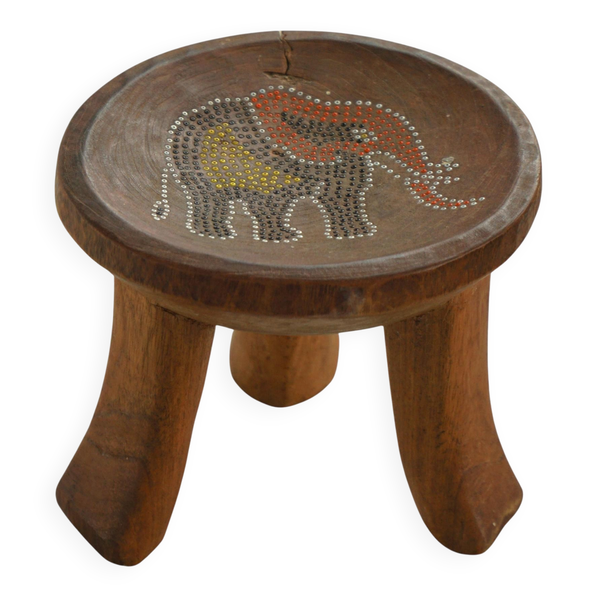Small tripod stool Kamba hand-carved, elephant motif, Kenya, mid-20th century.
