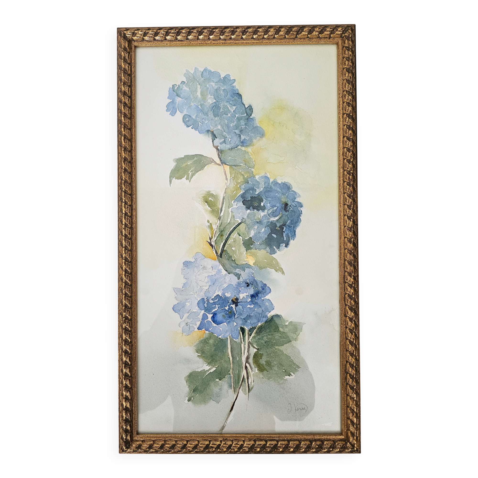 Tableau Aquarelle Fleurs Hortensia Signé J. Verne