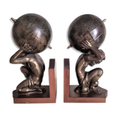 Pair of mythological book greenhouses with Atlas carrying the globe