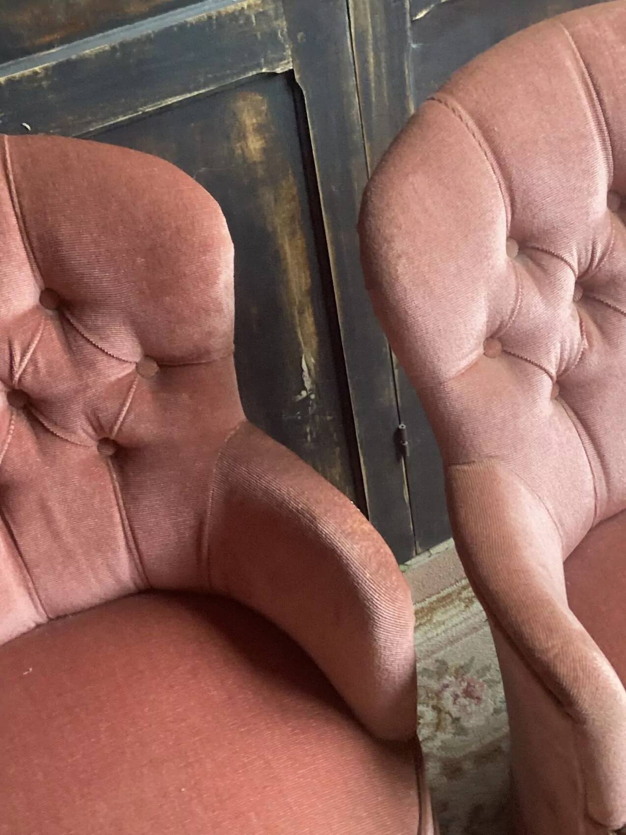 Pair of small vintage upholstered toadstool armchairs in old rose velvet – 1960s