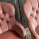 Pair of small vintage upholstered toadstool armchairs in old rose velvet – 1960s
