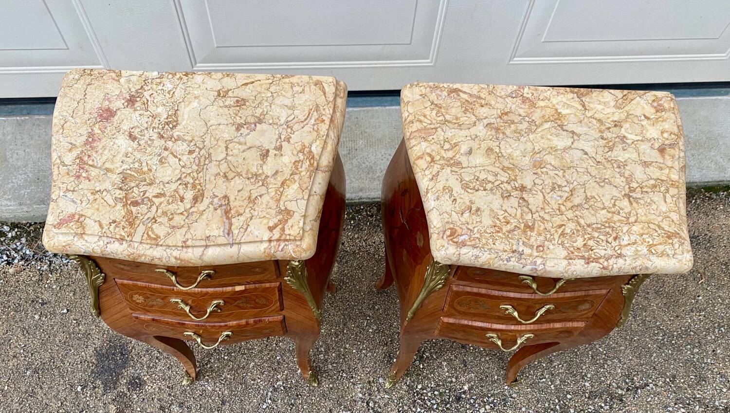 Pair of Louis XV style bedside tables with rosewood marquetry
