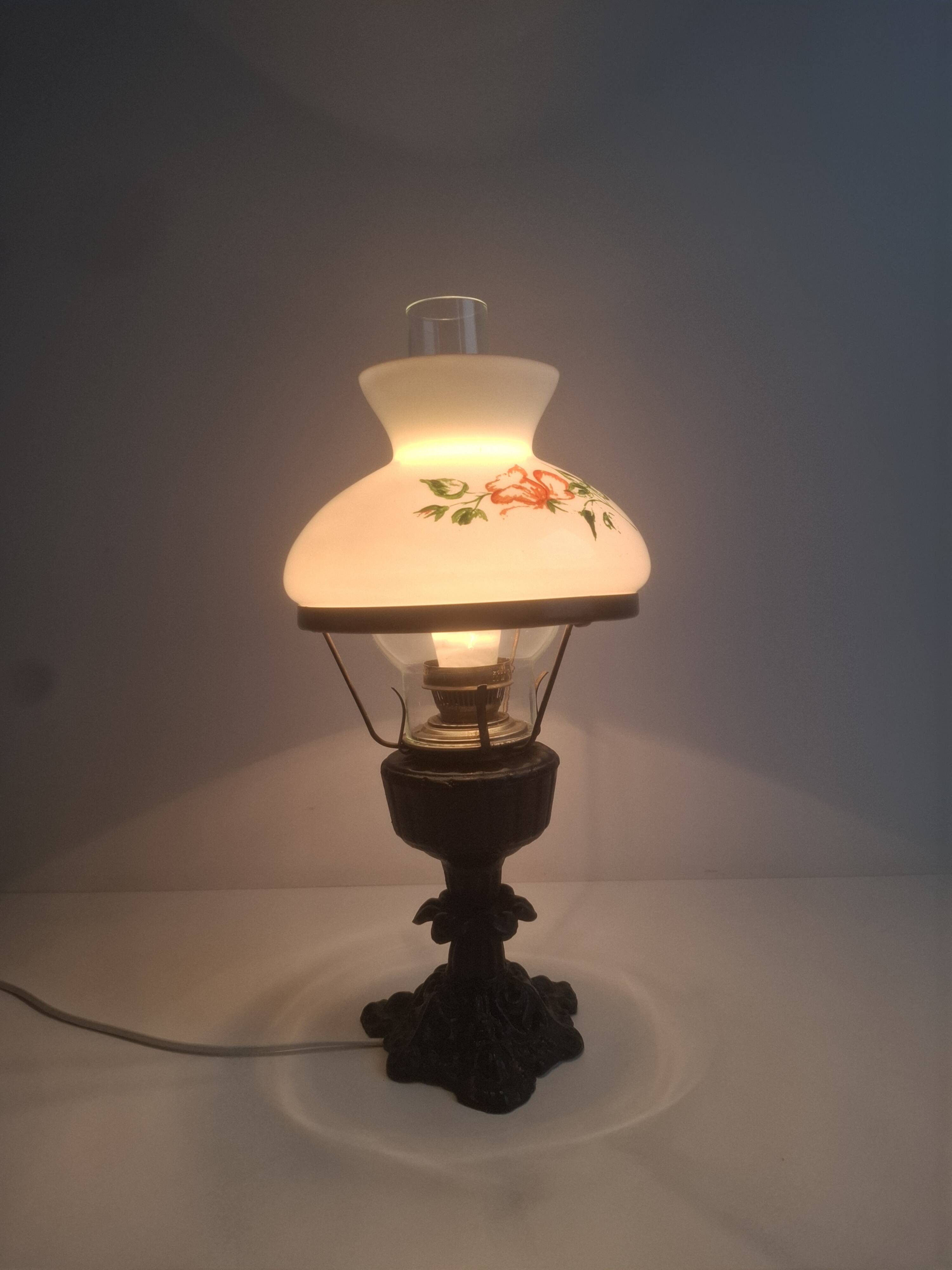 Mid-century Czech cast iron glass lamp vintage floral shade home lighting