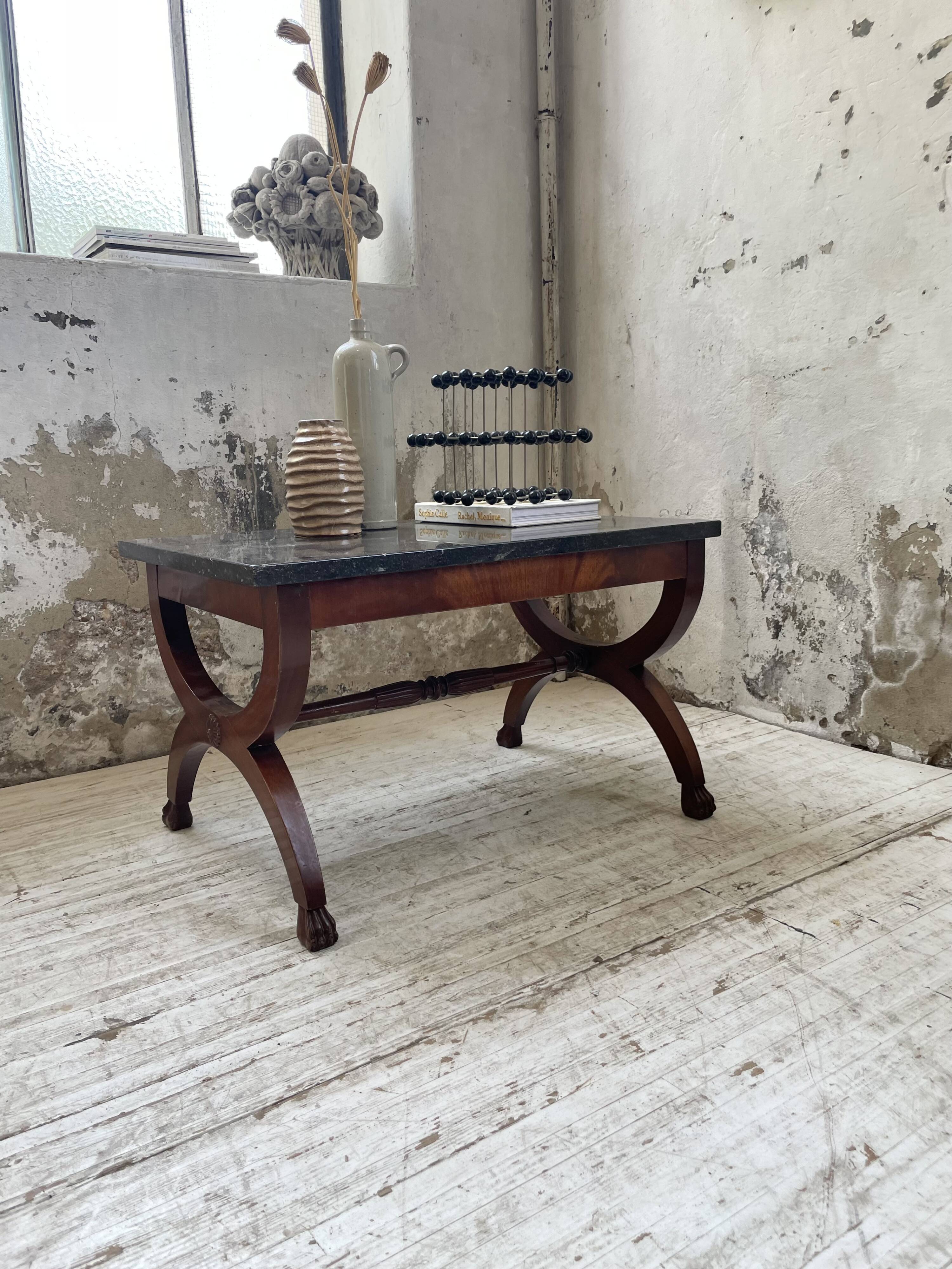 Empire style marble and mahogany coffee table