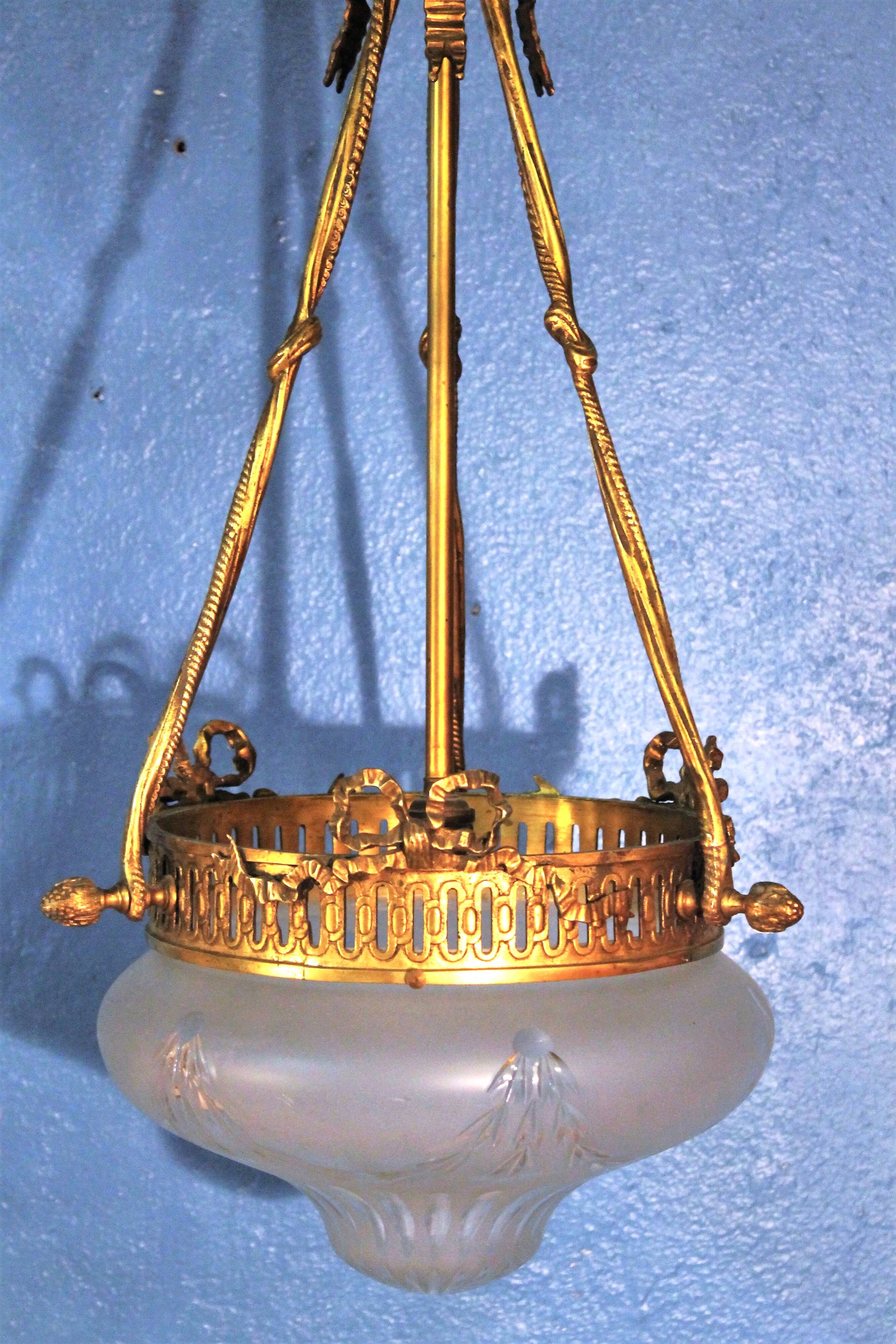 Bronze and glass pendant chandelier, 1900s