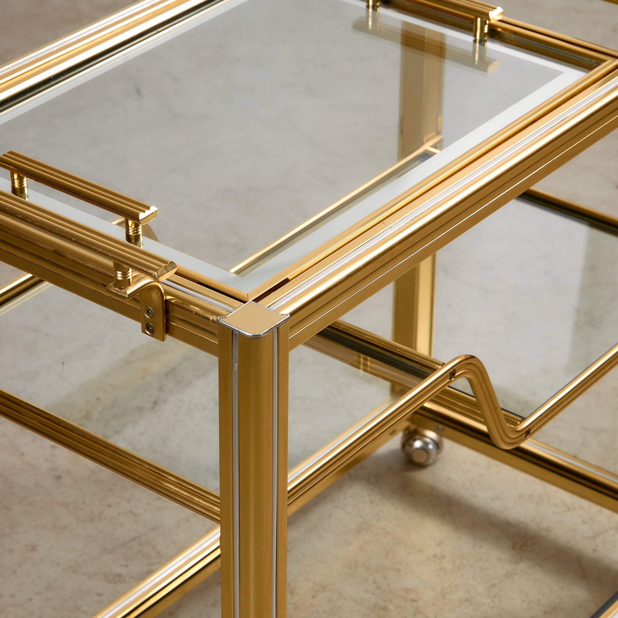 Bar Cart in Gold and Chrome with Glass Shelves, 1970s