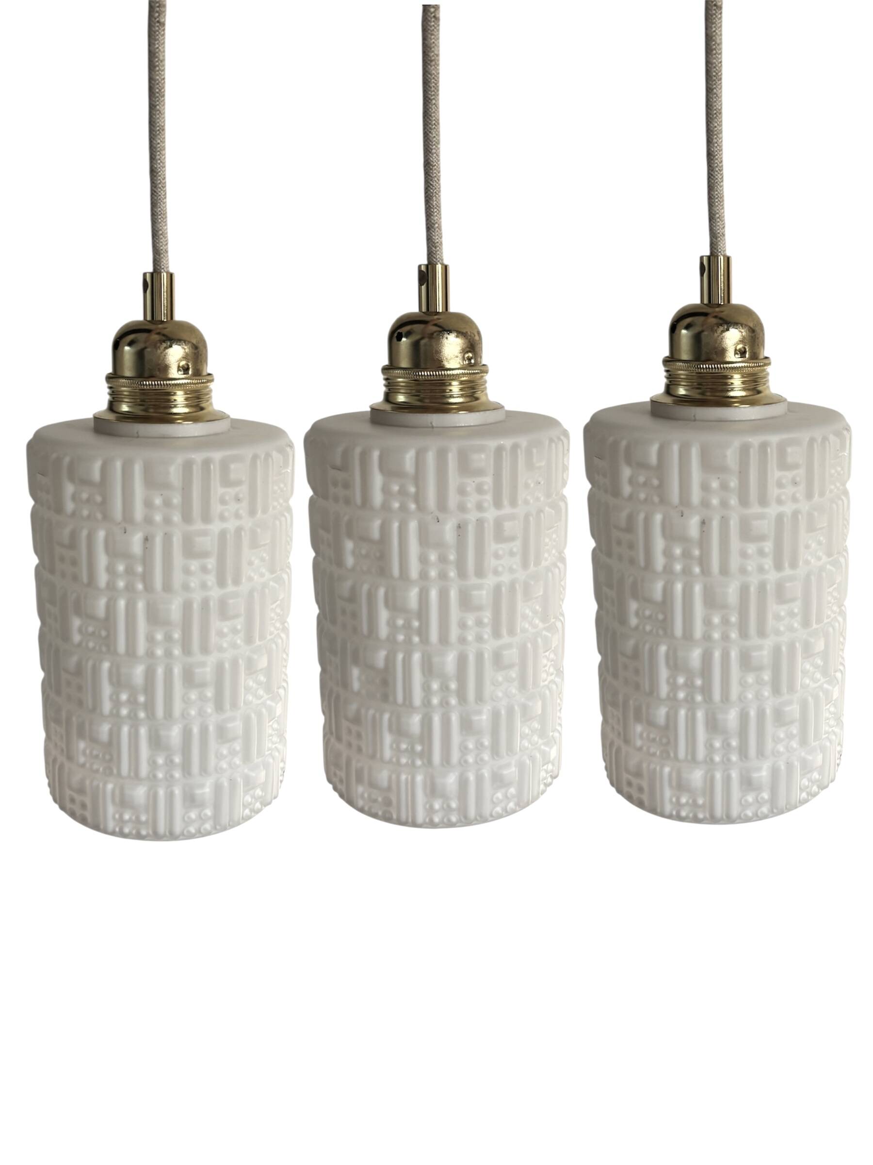 Set of three white Scandinavian opaline pendant lights