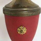 Pair of Red Varnished Metal, Brass and Glass Table Lamps, Italy