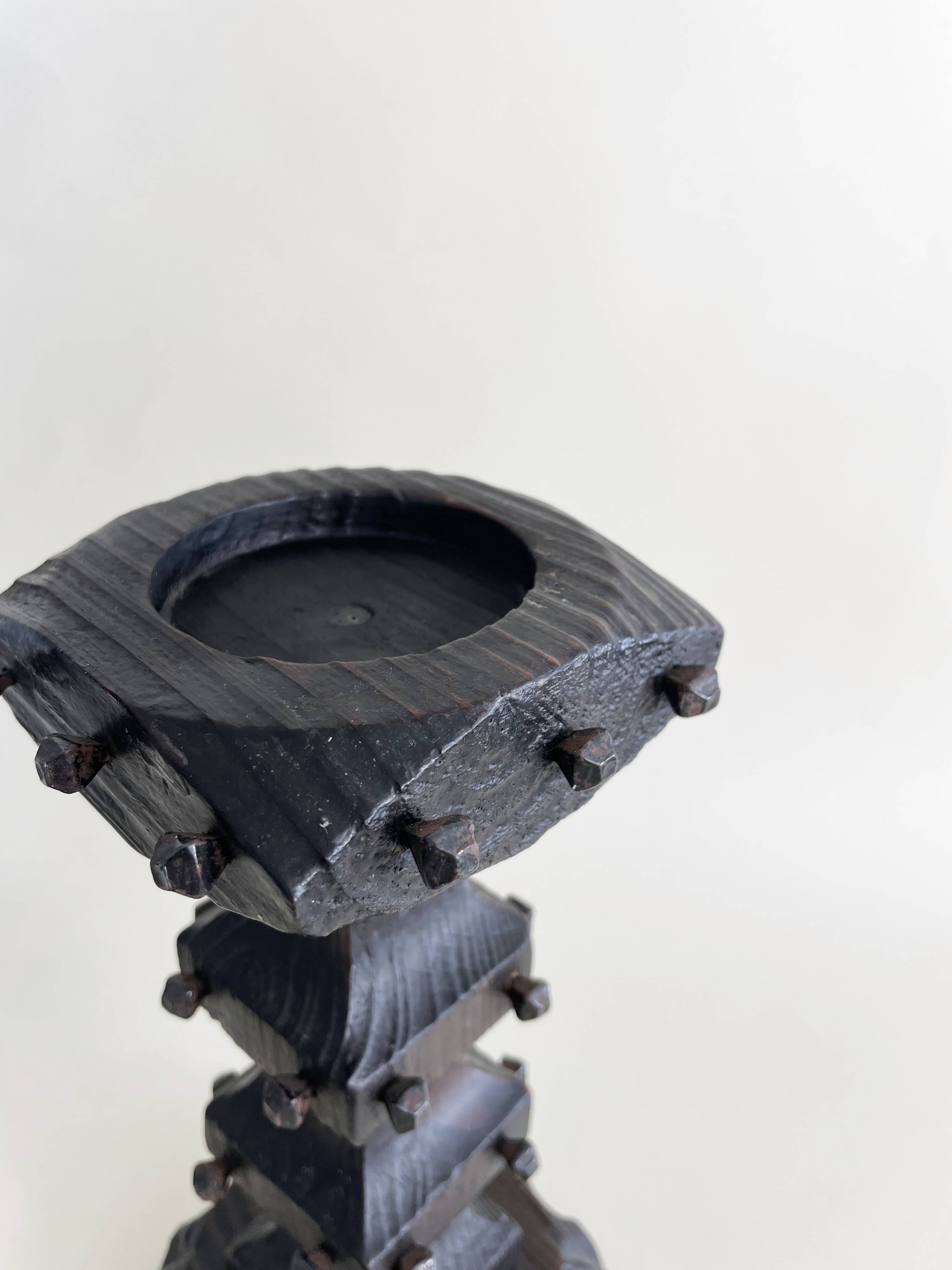 Medieval Studded Wooden Candle Holder on Stand